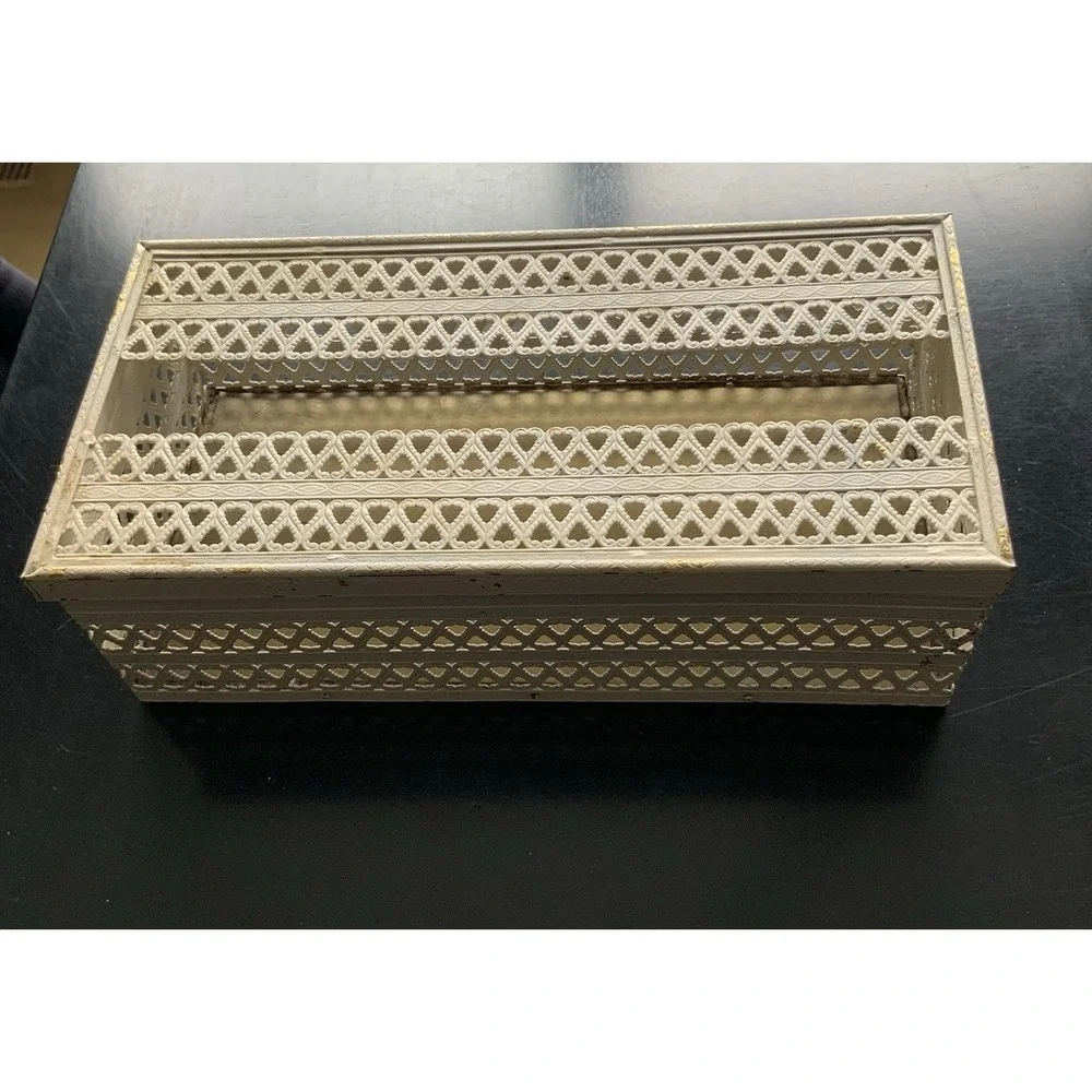Vintage Metal Gold Cream Filigree Tissue Box Cover Hollywood Regency Felt Bottom